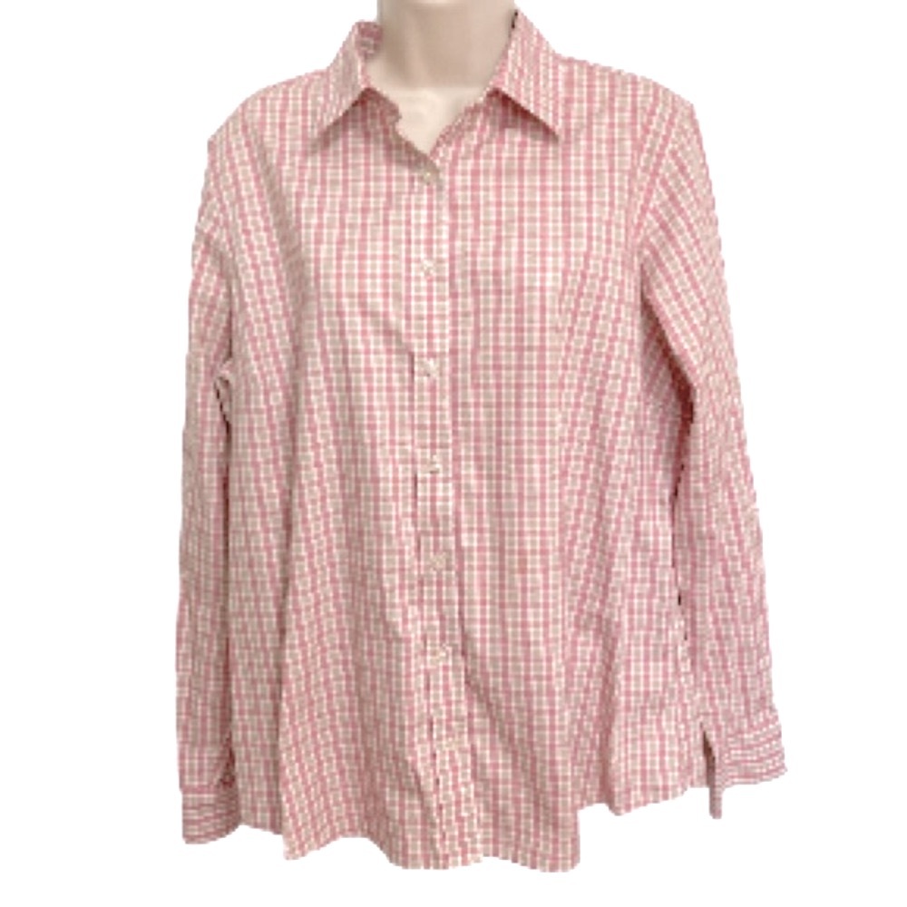 LANDS END Checkered Button Down Pink No Iron Shirt Blouse Womens Size 16